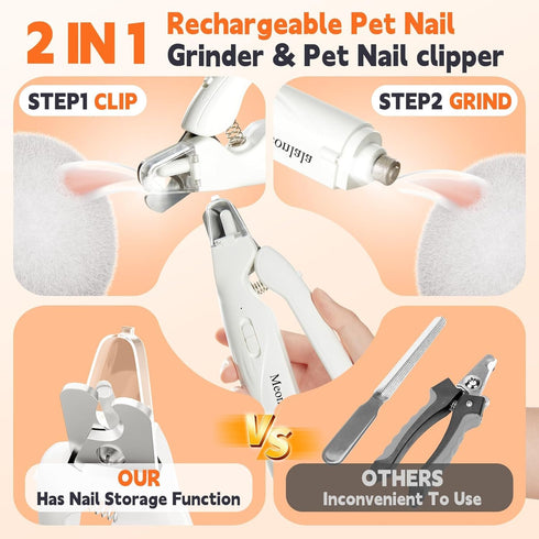 2-in-1 2 Dog Nail Clippers & Dog Nail Grinder with LED Lights, Ultra-Quiet, USB Rechargeable,Security Upgrade,Multiple