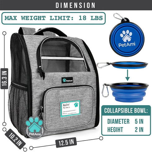 PetAmi Dog Backpack Carrier for Small Large Cats, Airline Approved, Ventilated Hiking Bag, Up to 18lbs, Grey