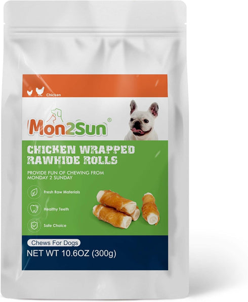 MON2SUN 2.5 Inch 10.6 oz (16 Count Pack 1) Dog Treats, Chicken Wrapped Rawhide Rolls, Teeth Cleaning Chews with High