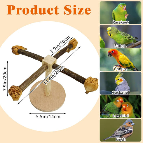 Finches Bird Stand Perch Toy Natural Wooden Parakeet Toys with Edible Chew Toy Interactive Spinning Toy Bird Cage
