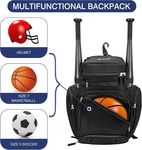 WOLT Baseball Bag Backpack for Youth and Adults, Multifunctional Softball Bag with Separate Helmet Compartment