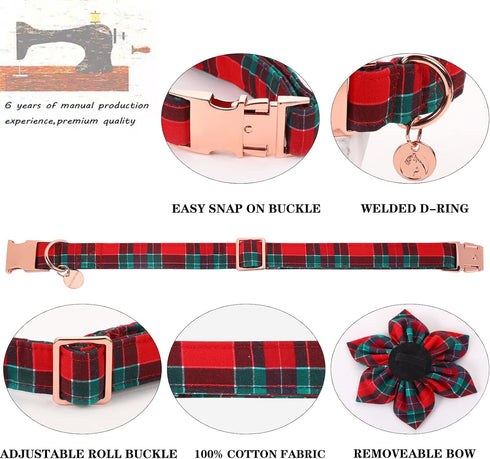DOGWONG Christmas Dog Collar with Flower, Soft Durable Adjustable Cotton Red Green Tartan for Small Medium Large Dogs