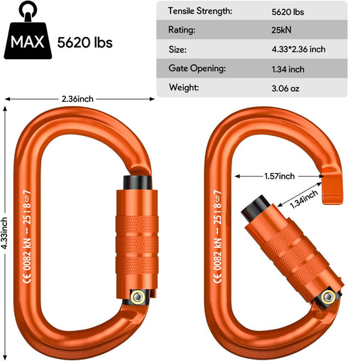 25KN (5620 lbs) FVW CE Certified Auto Locking Climbing Carabiners, Professional Heavy Duty Caribeaners for Rappelling