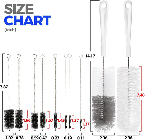 Holikme 10 Pack Bottle Brush Cleaner Set, 15" Long Handle, Flexible Water Bottle Brush, 8 Straw Cleaner Brush, White