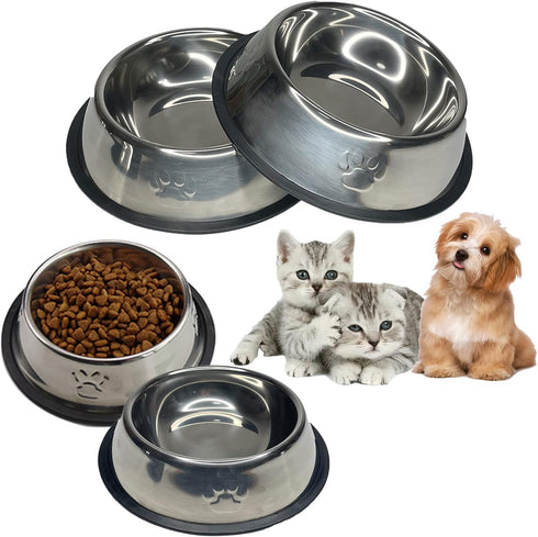 Fhiny 4PCS Stainless Steel Cat Bowls, Non-Slip Water Dish with Rubber Base, Stackable Pet Feeding Bowl for Cats