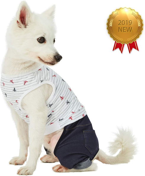 Blueberry Pet Summer Vacation Beach Cotton Dog Shirt with Denim Pants, Nautical Striped Jumpsuit for Medium Dogs
