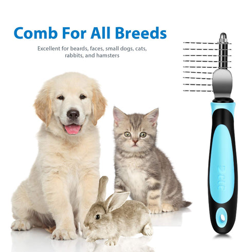 Flexzion Dogs Dematting Comb, Stainless Steel Blades Rakes for Matted Knotted Hair, Grooming Tool - Black & Blue