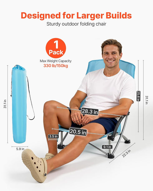 330 lbs VEVOR Folding Beach Chair, High Back Camping Chairs for Adults, with Cup Pocket, Mesh Back, Carry Bag, Portable