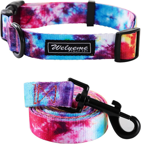 Tie Dye Dog Collar and Leash Set for Small Medium Large Dogs, Tie Dye Collars (S: 9.8'' - 12'')