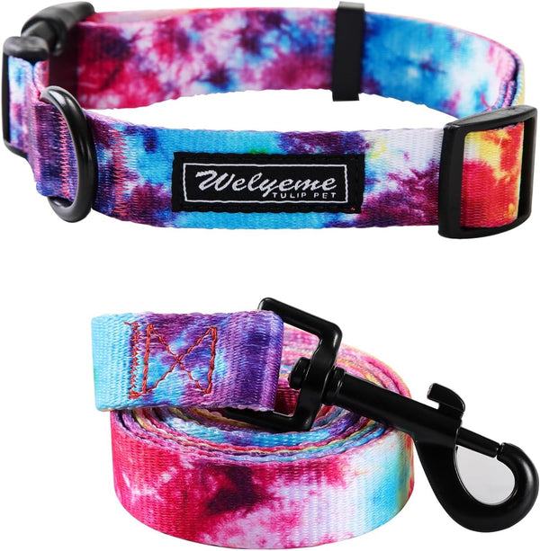 Tie Dye Dog Collar and Leash Set for Small Medium Large Dogs, Tie Dye Collars (S: 9.8'' - 12'')