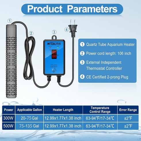 HiTauing 300W/500W Aquarium Heater, Upgraded Fish Tank Heater with Intelligent Temperature Control