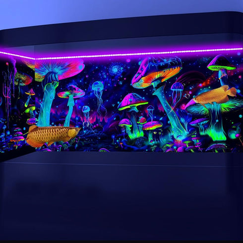 30X12IN Blacklight Aquarium Background, UV Reactive Mushroom Background with 10 EVA Double-Sided Tape