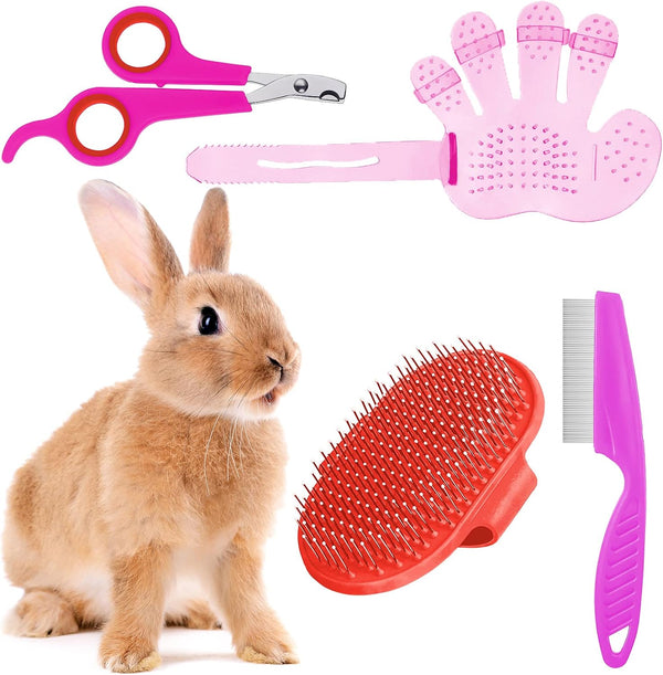 4 Pieces Bunny Grooming Kit with Pet Hair Remover, Nail Clipper, Comb, and Bath Brush for Rabbit, Hamster, Bunny (Pink,