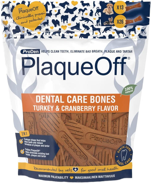 ProDen PlaqueOff System Dental Care Bones for Dogs - Dog Breath Freshener & Plaque Remover, Turkey Cranberry Flavor