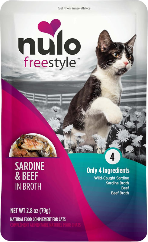 2.8oz (Pack 24) Nulo FreeStyle Cat & Kitten Wet Cat Food - Sardine & Beef in Broth, Grain-Free, High Protein Soft Food