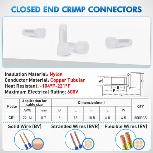 300PCS CE1 22-16 Nilight Closed End Crimp Terminal Gauge Nylon Insulated Closed End Wire Cap Wire Connectors Crimp Cap
