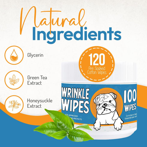 Wrinkle Wipes for Dogs - 100 Count Dog Wipes for French Bulldog, English Bulldog, Pugs - Cleaning & Soothes