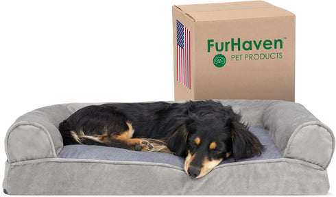 Furhaven Pillow Dog Bed for Medium/Small Dogs, Removable Bolsters, Washable Cover, Faux Fur & Velvet, Smoke Gray