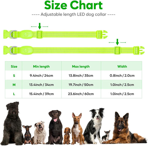 Light Up Dog Collars - Rechargeable Reflective LED Glow Dark Collar for Small, Medium, and Large Dogs, Adjustable