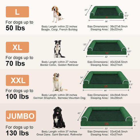 Large Orthopedic Dog Bed, Washable Bolster, XL Bed for Medium Large Dogs, Waterproof with Removable Cover, Emerald