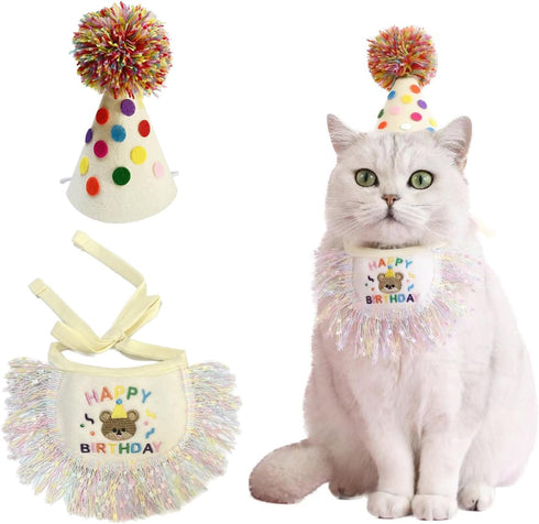 Cat Birthday Bandana Scarf and Party Hat Set, Cute Tassels Bib Scarf for Cat Birthday Party Decorations