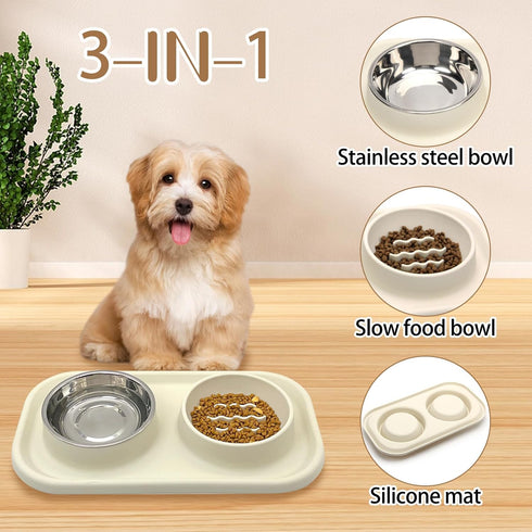 BNOSDM Stainless Steel Slow Feeder Dog Cat Bowls Set with Silicone Mat, Pet Feeder for Cats and Small Dogs
