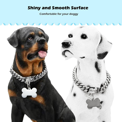 Strong Stainless Steel Silver Metal Dog Collars with Secure Buckle - 14MM Cuban Lock Link Chain for Training
