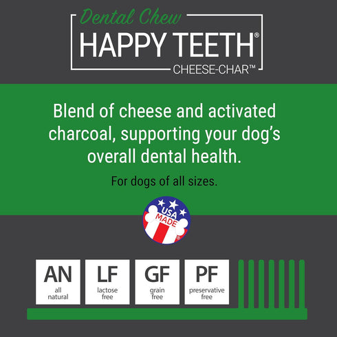 Happy Teeth Cheese & Charcoal Dental Dog Chews - Cheese Flavor with Activated Charcoal, 2 Chews per Pouch