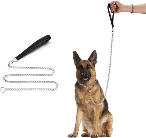 Metal Dog Leash - Integrated Collar and 4ft Chew Proof Chain Leash with Padded Handle for Large Medium Dogs
