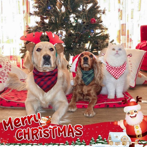 Dog Bandanas - 6PCS Washable Birthday Christmas Gift, Black Blue Red Plaid Printing Adjustable Accessories