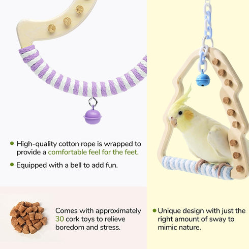 Natural Bird Swing - Moon-Shaped Parrot Perch with Bell and Cork Toys, Spinning Wooden Stand for Parakeets, Budgies