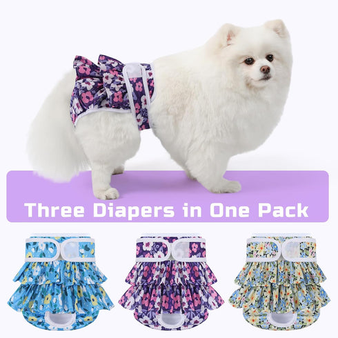 3 Pack Reusable Dog Diapers Female Doggie Diapers for Period Heat Incontinence Puppy Training (Large, PurpleFlower)