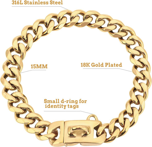 BAOBOTE 15MM Gold Stainless Steel Dog Collar, Cuban Link Chain Heavy Duty Chew Proof Training Collar (24" Gold)