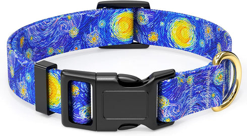 Adjustable Dog Collar for Medium Dogs, Cute Nylon Puppy Collar for Boys and Girls, Van Gogh Starry Night with Quick