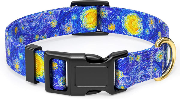 Adjustable Dog Collar for Medium Dogs, Cute Nylon Puppy Collar for Boys and Girls, Van Gogh Starry Night with Quick