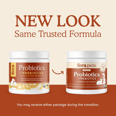 Fera Pets Probiotics for Dogs & Cats, USDA Organic Gut Health Powder Supplement with 12 Strains, 60 Scoops