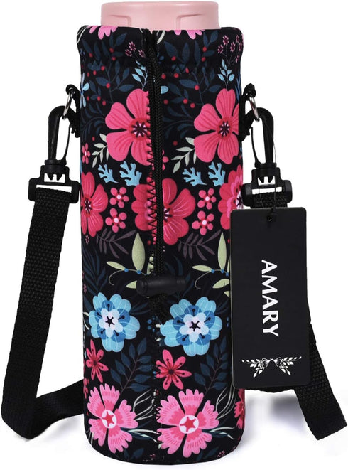 1000ML 34OZ (Flowers-1) AMARY Neoprene Water Bottle Carrier Bag with Adjustable Shoulder Strap,Insulated Water Bottle
