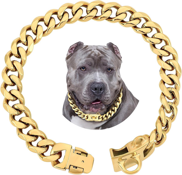 BAOBOTE 15MM Gold Stainless Steel Dog Collar, Cuban Link Chain Heavy Duty Chew Proof Training Collar (24" Gold)