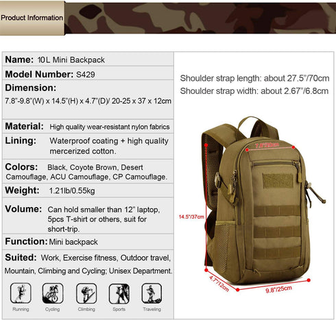 HUNTVP 10L/20L Mini Daypack Military MOLLE Backpack Rucksack for Tactical Assault, Hunting, Camping, Trekking