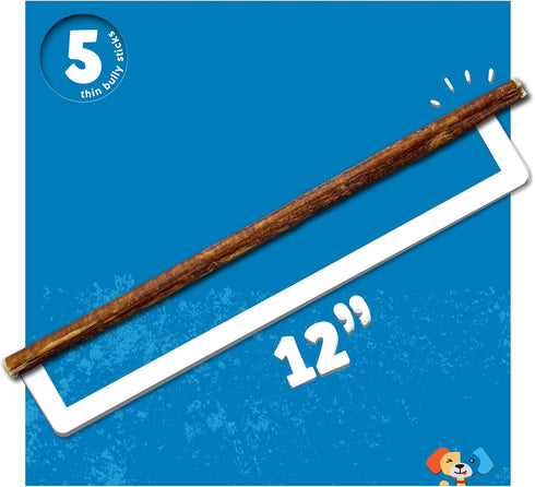 Jack&Pup Thin Dog Bully Sticks, Odor Free, 12-Inch Thin Bully Stick, 5 Pack