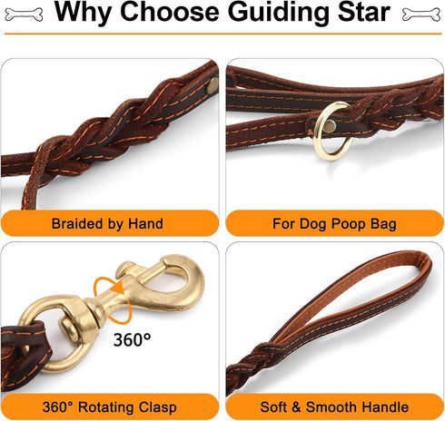Guiding Star 6ft Double Handle Leather Dog Leash, Heavy Duty Braided for Small Medium & Large Dogs, Brown