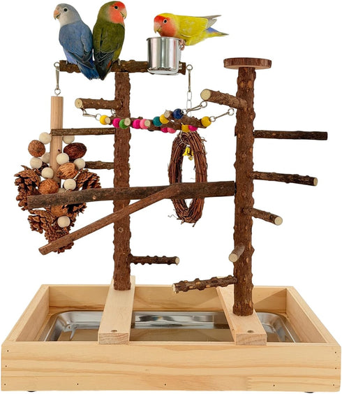 vibriskape Bird Playground, Natural Wood Bird Play Stand with Stand Perch, Swing, Toy, Two Food Cups, and Removable