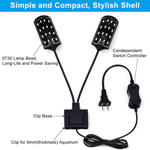 WEAVERBIRD 15W Double Head Aquarium Fish Tank Light, 32 LED Clip Lamp, 1600LM White Lighting for 8-15 Inch Tank