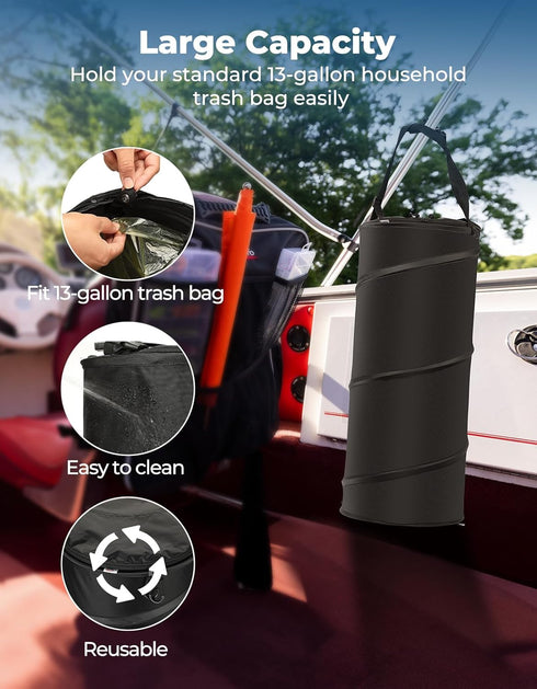 KEMIMOTO 50L Boat Trash Can, Marine Caddy Black Bag Boating Trash Bags Reusable Waterproof Boat Garbage Storage