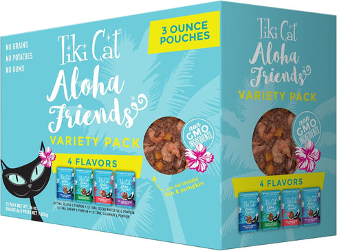Tiki Cat Aloha Friends Variety Pack, Seafood Flavors with Pumpkin, Wet, High-Protein Cat Food, 3 oz. Pouch (Case of 12)