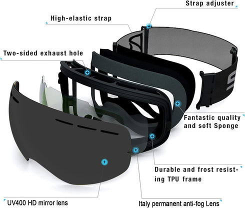 SPOSUNE Ski Goggles Over Glasses - UV400 Anti-Fog Snow Goggle for Men, Women, Youth