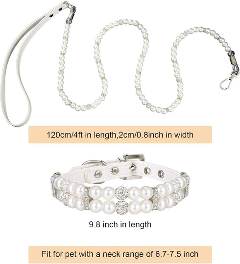 Weewooday 2 Pcs Dog Wedding Collar with Leash - Pearl Necklace Collar and Beaded Leash for Pet Cat Bridal