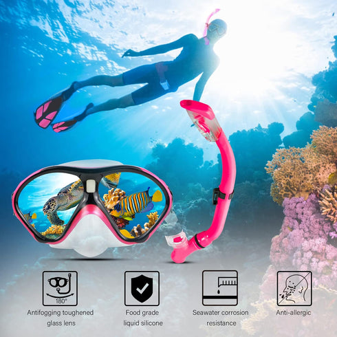 Kids Snorkeling Set, Children Mask Fin Snorkel Gear with Adjustable Flippers & Travel Bags