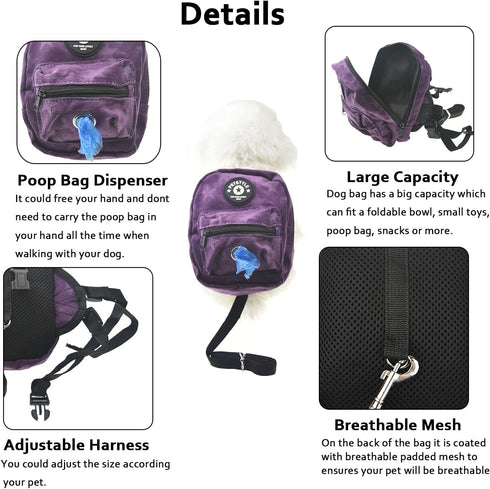 FLAdorepet Dog Backpack Harness with Leash, Adjustable Travel Hiking Walking Harness Backpack for Small Medium Dogs (L: