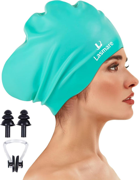 Large Long Hair Swim Cap - Silicone Swimming Cap for Women Men, Extra Room for Long Thick Hair with Ear Plugs